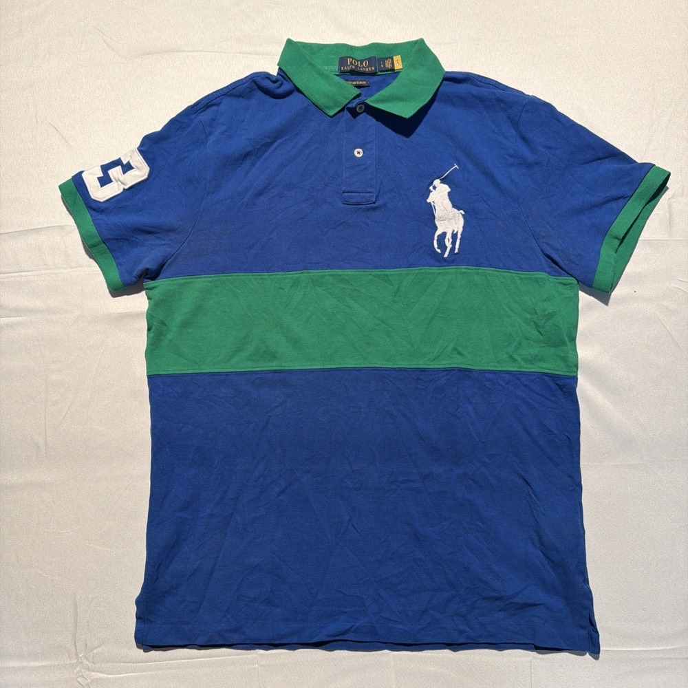 Polo Ralph Lauren Golf Shirt Mens‎ Large Blue Green Custom Slim Fit Big Pony #3
